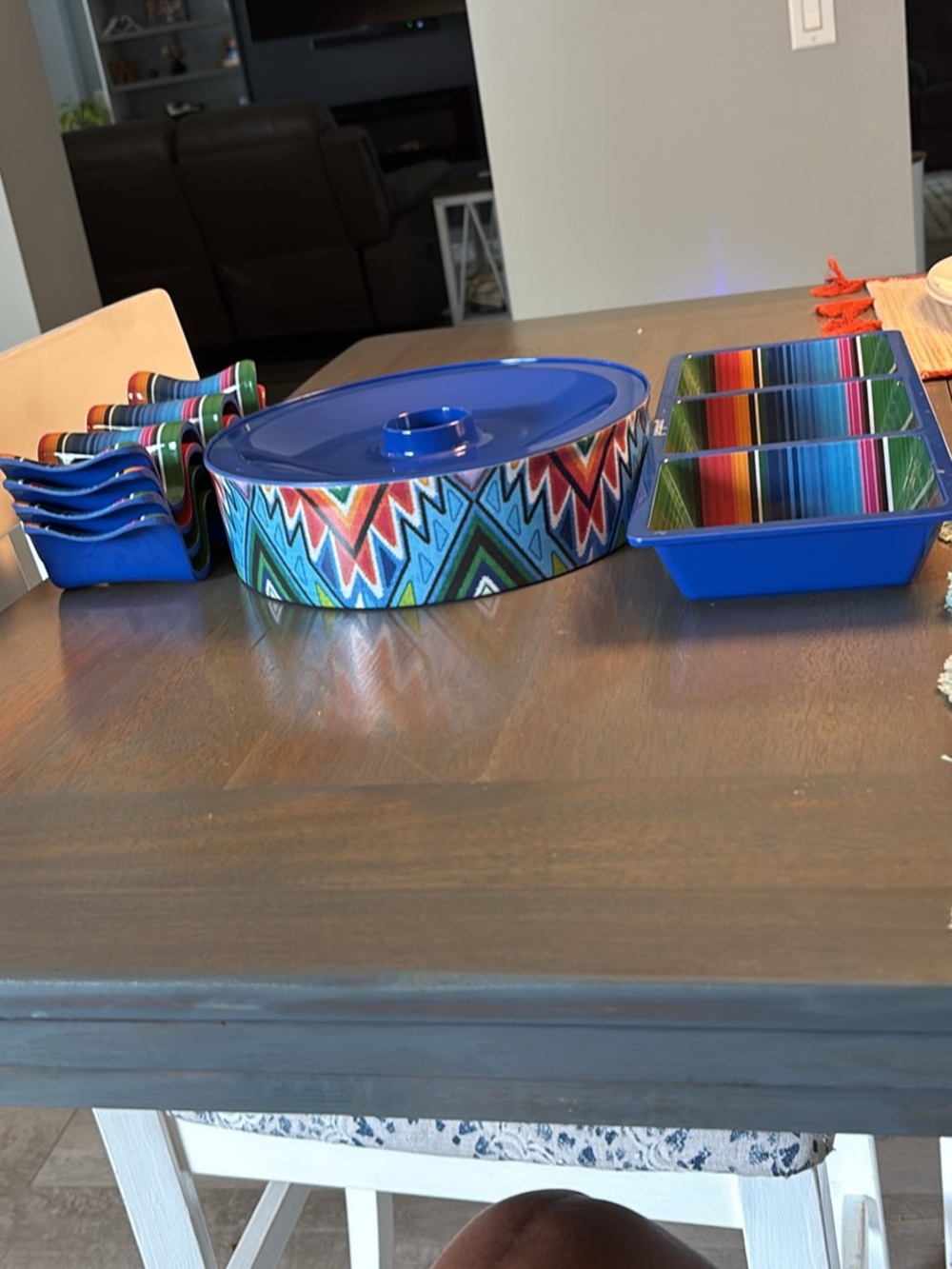 Fiesta Blue Disposable Party Serving Set with Multicolor Aztec Accents